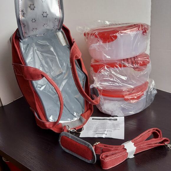 LocknLock Insulated Tote With 3-Piece Storage Set Red Gray Lock & Lock Lock And - Picture 7 of 13